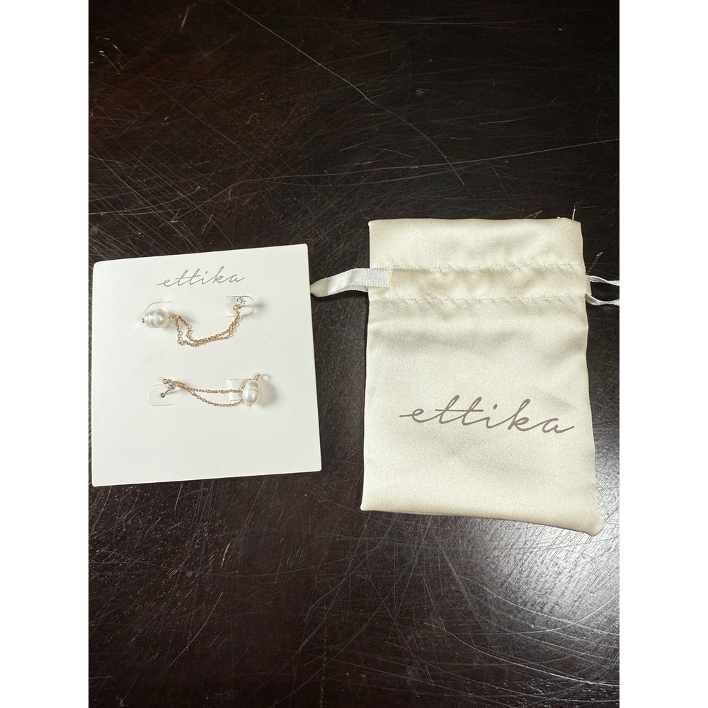 Ettika Double Pierced Earrings with Cubic Zirconia and Pearl on Chain NEW